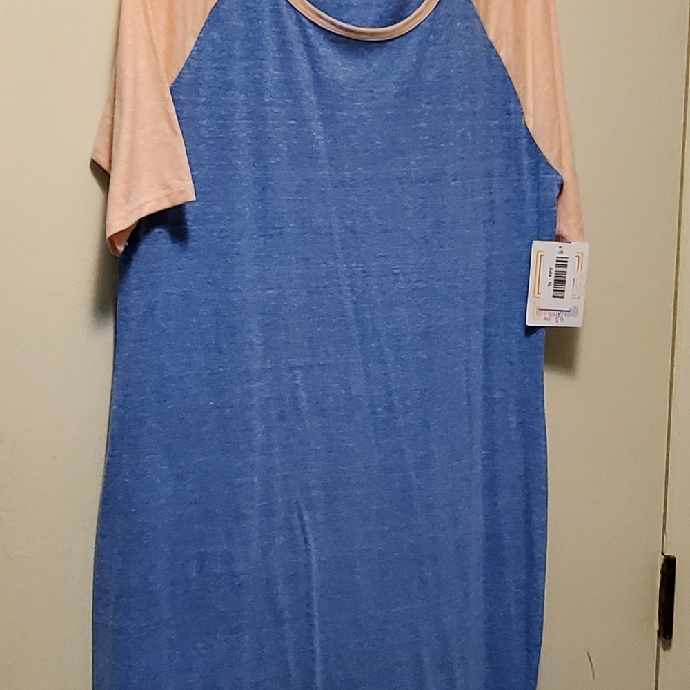 LuLaRoe Julia Dress Denim Blue body w/peach cap sleeves